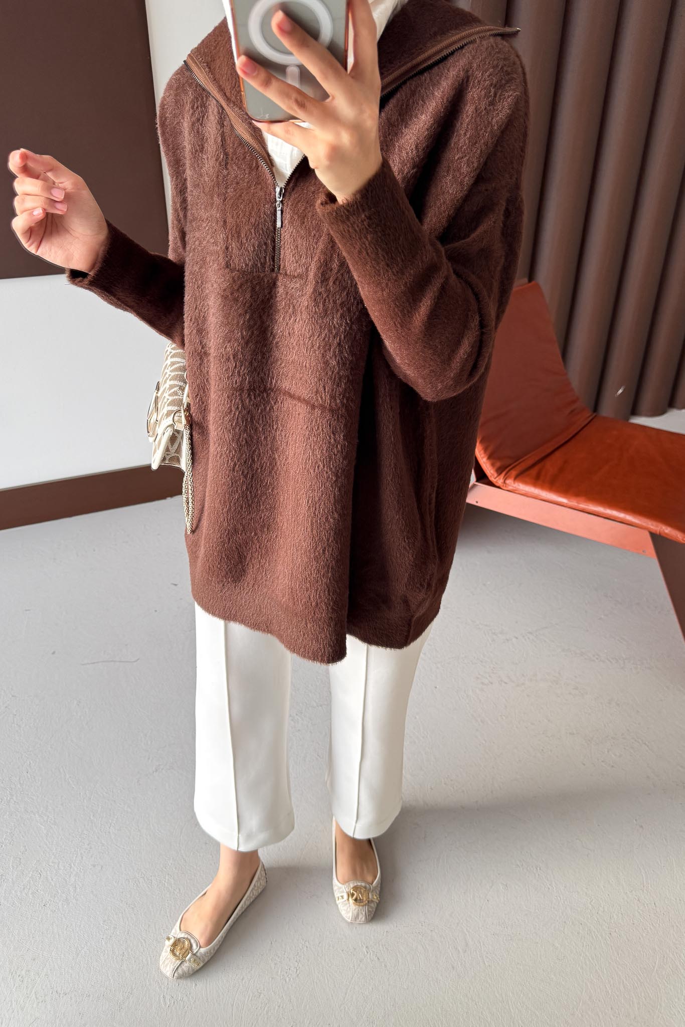 Fermuarlı Angora Kazak Kahverengi