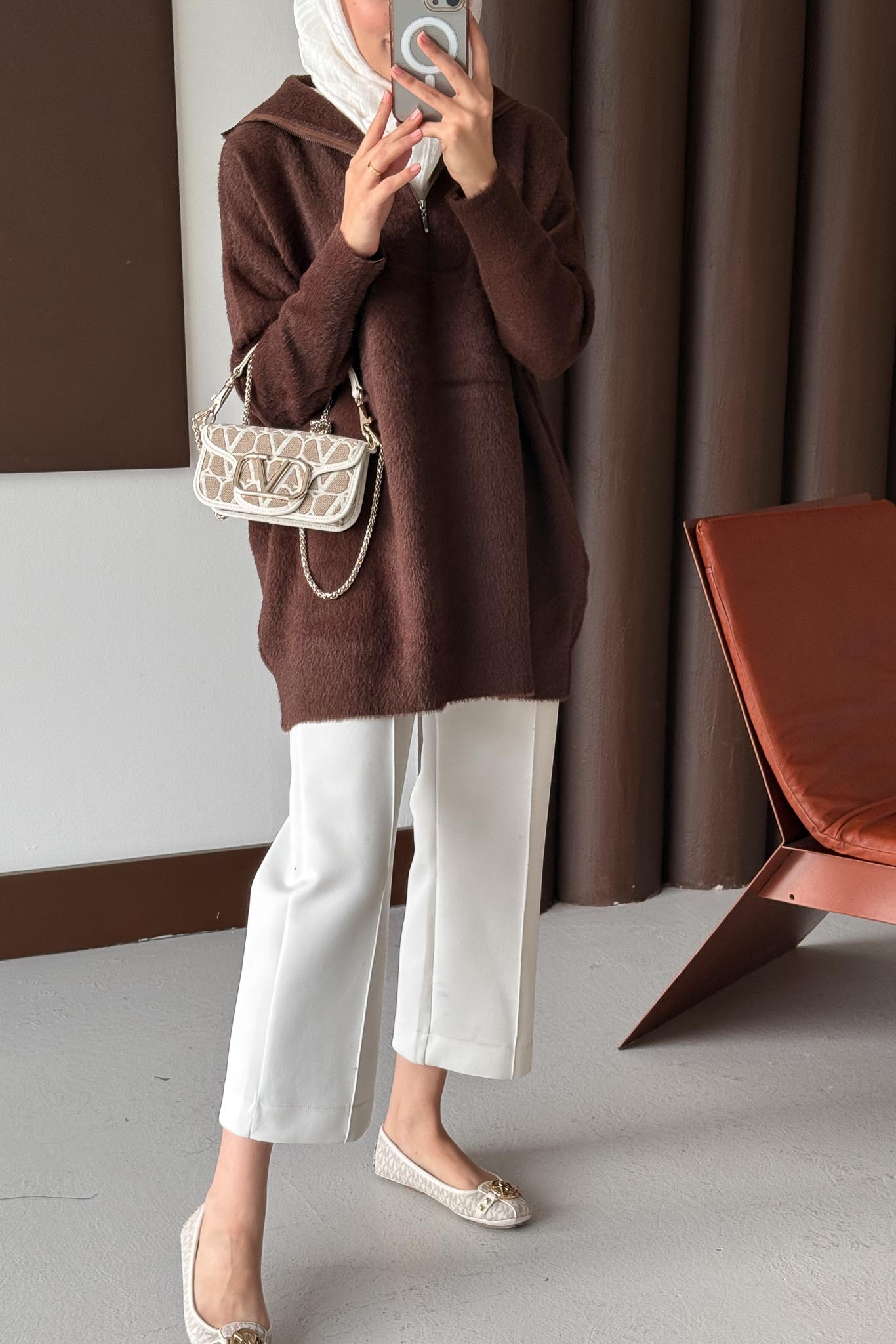 Fermuarlı Angora Kazak Kahverengi