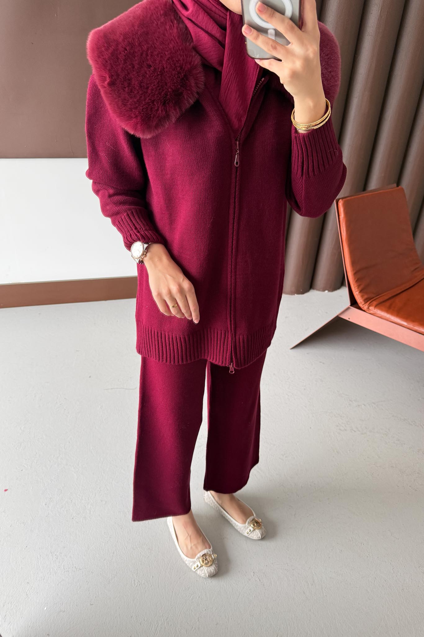 Yakası Kürklü Triko Takım Bordo