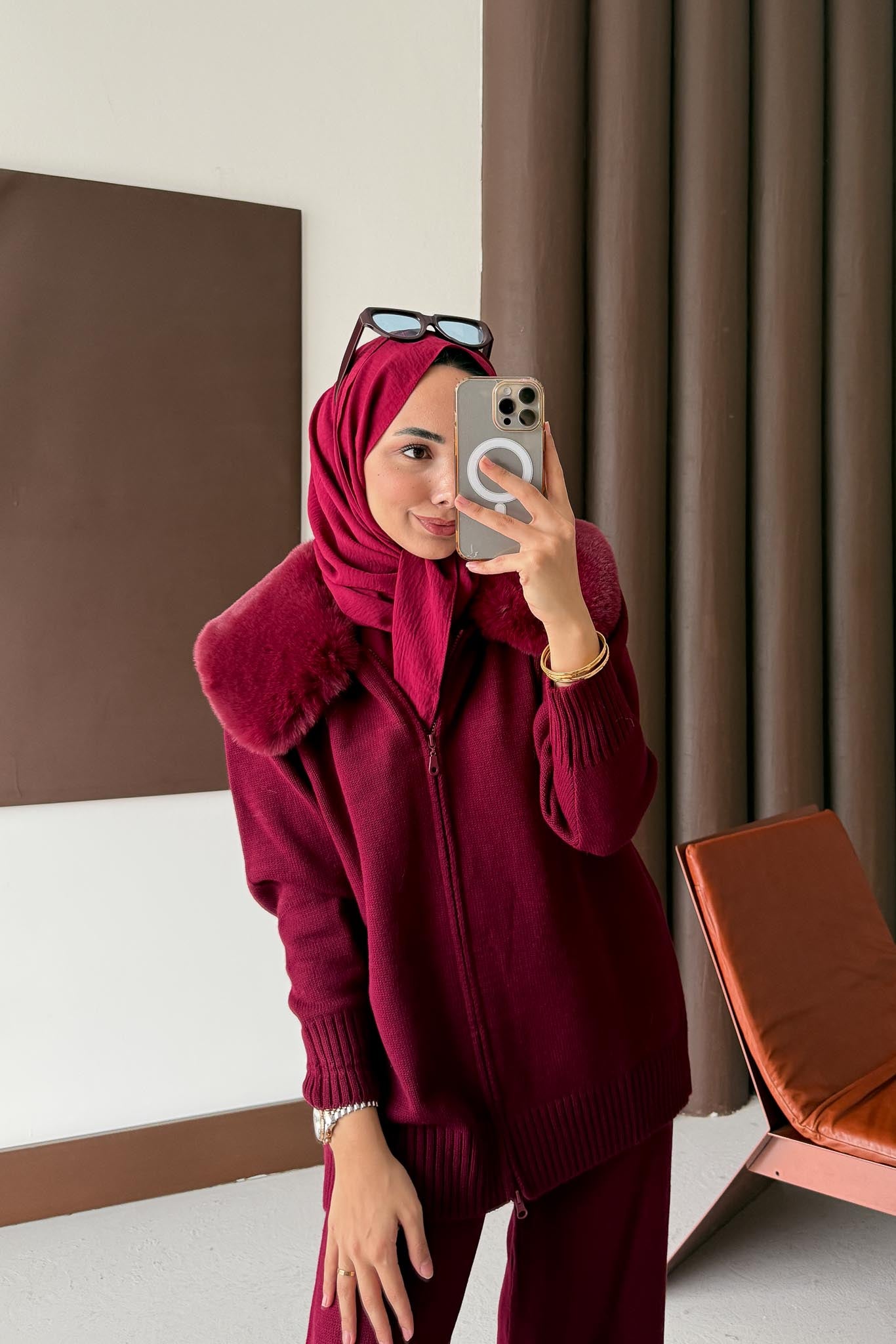 Yakası Kürklü Triko Takım Bordo