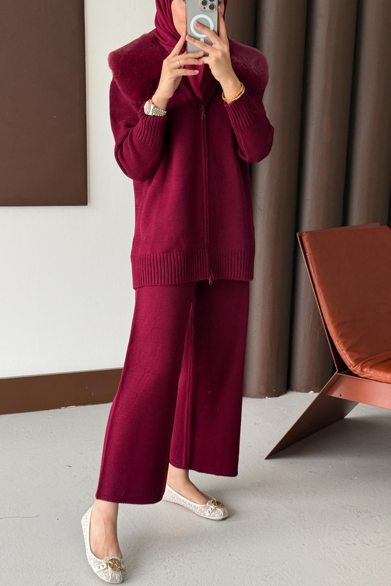 Yakası Kürklü Triko Takım Bordo