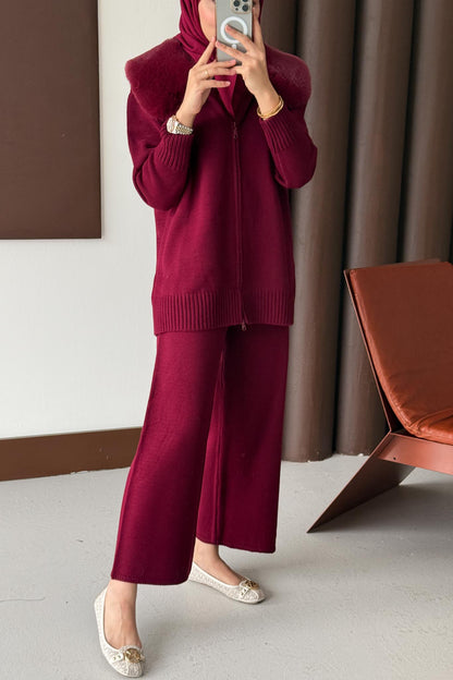 Yakası Kürklü Triko Takım Bordo