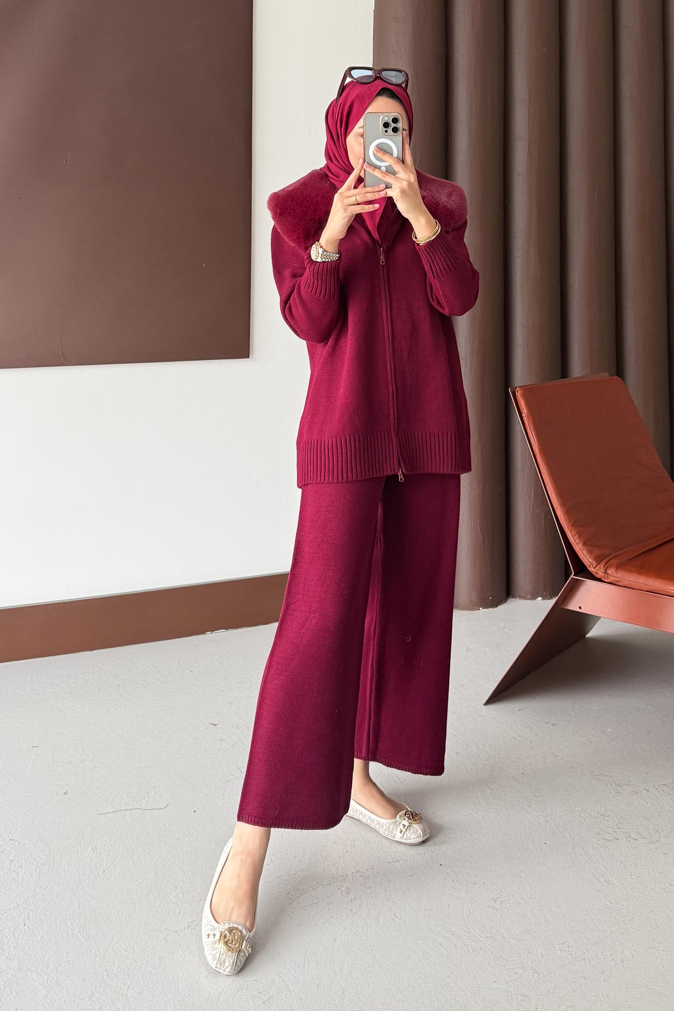 Yakası Kürklü Triko Takım Bordo