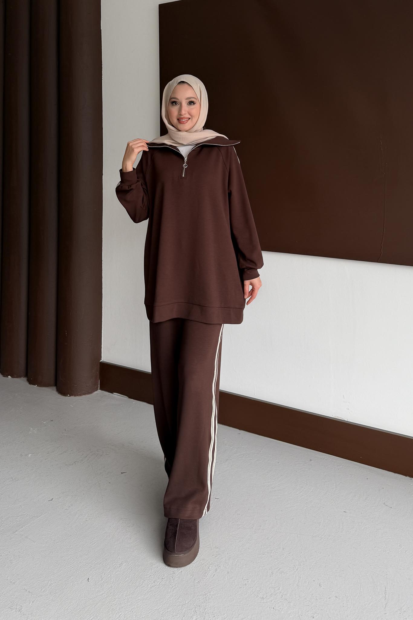 Kolu Şeritli Takım Kahverengi