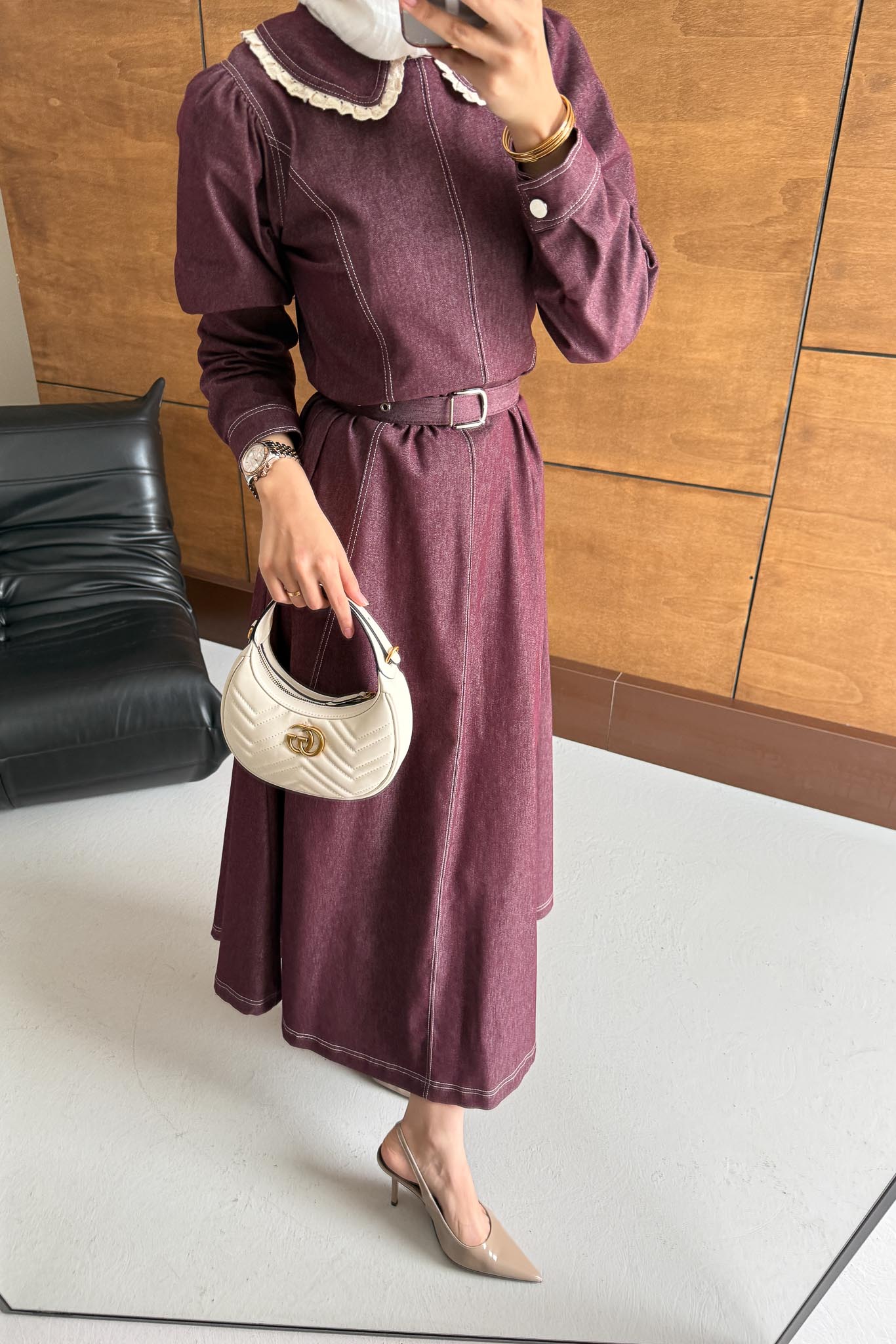 Yakalı Kot Elbise Fuşya