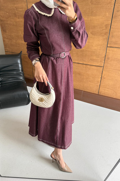 Yakalı Kot Elbise Fuşya