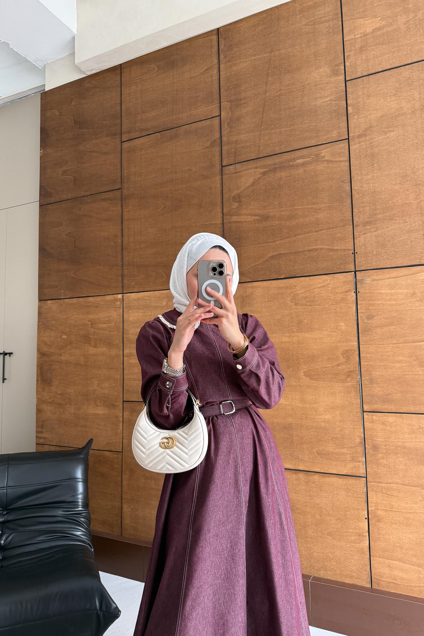 Yakalı Kot Elbise Fuşya