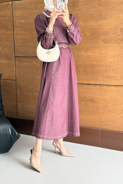 Yakalı Kot Elbise Fuşya