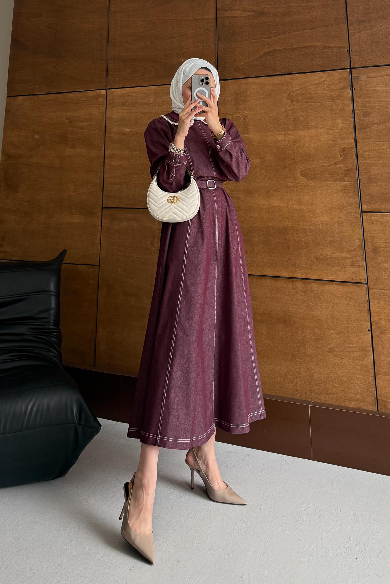 Yakalı Kot Elbise Fuşya