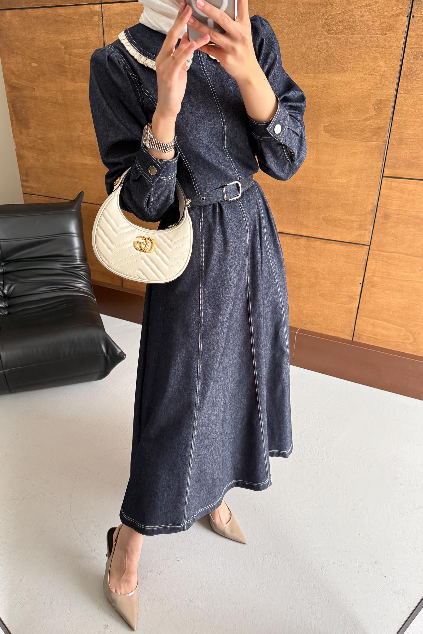 Yakalı Kot Elbise Kot Mavi