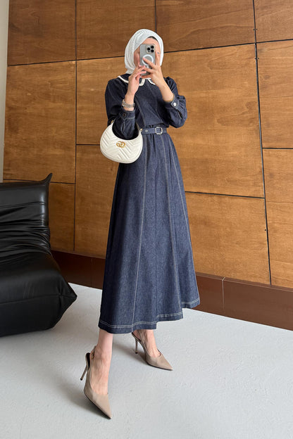 Yakalı Kot Elbise Kot Mavi