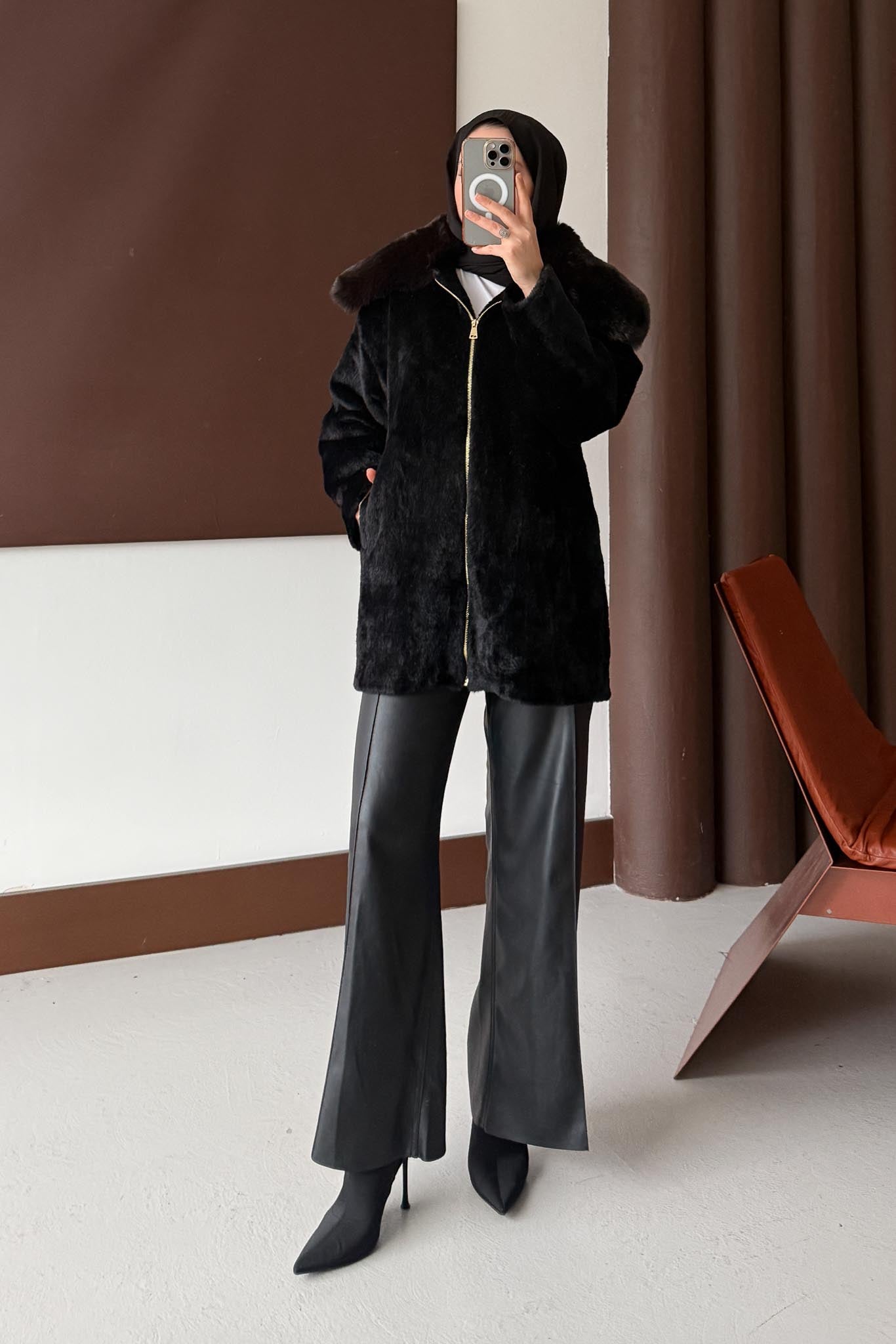 Masta Kürklü Angora Mont Siyah