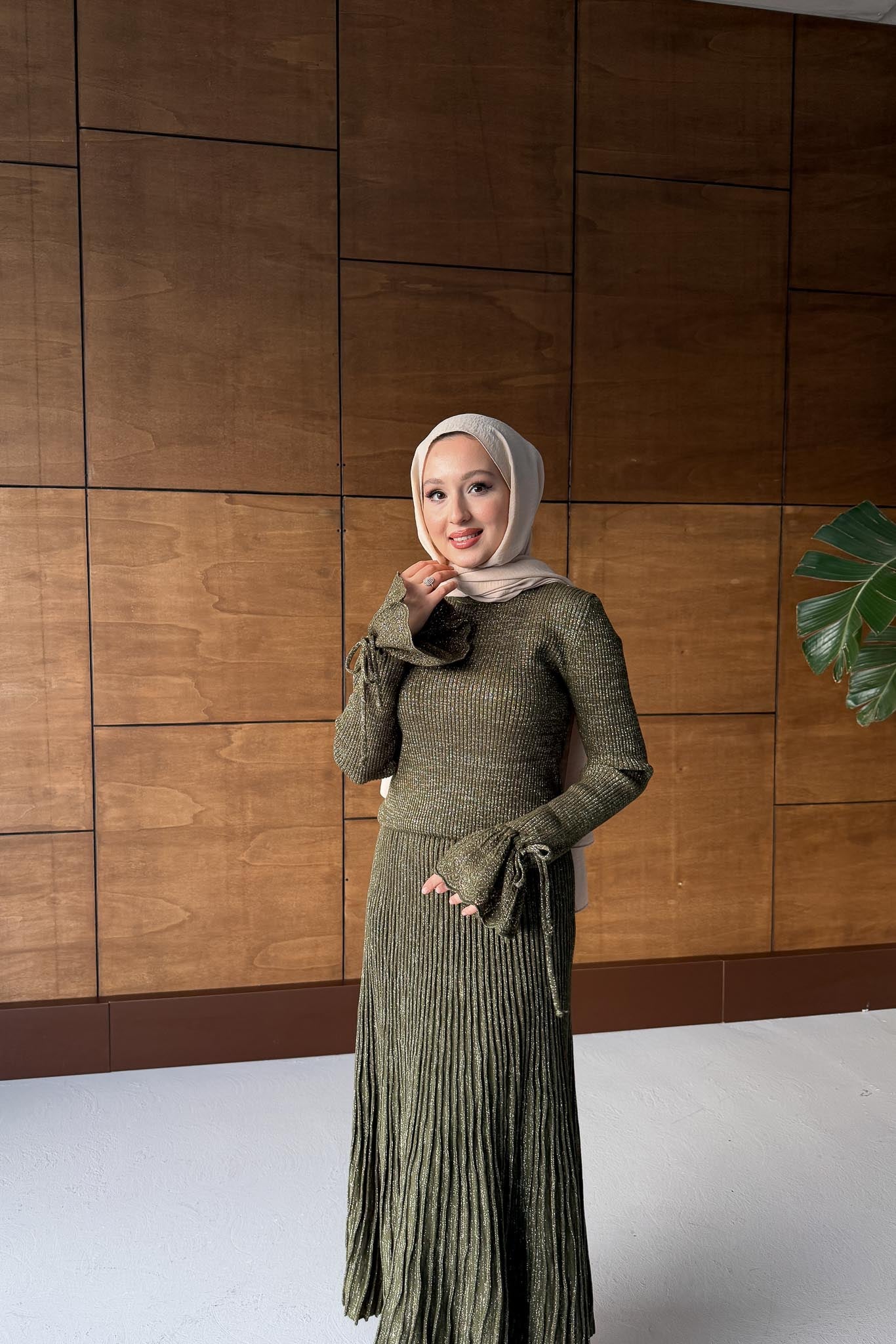 Parıltı Simli Etek Takım Haki