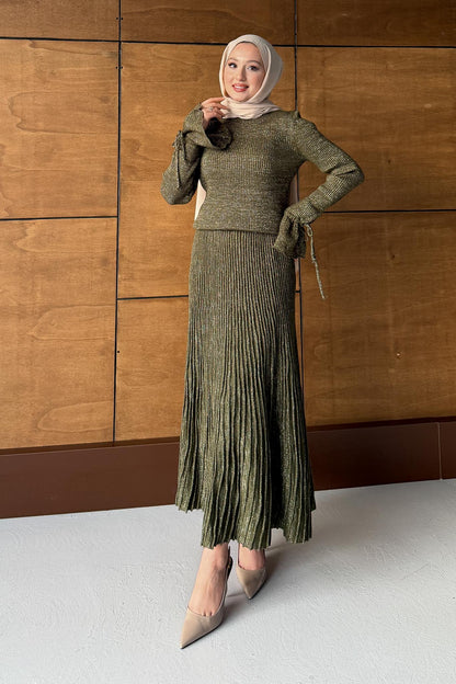 Parıltı Simli Etek Takım Haki