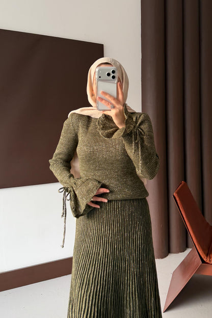 Parıltı Simli Etek Takım Haki