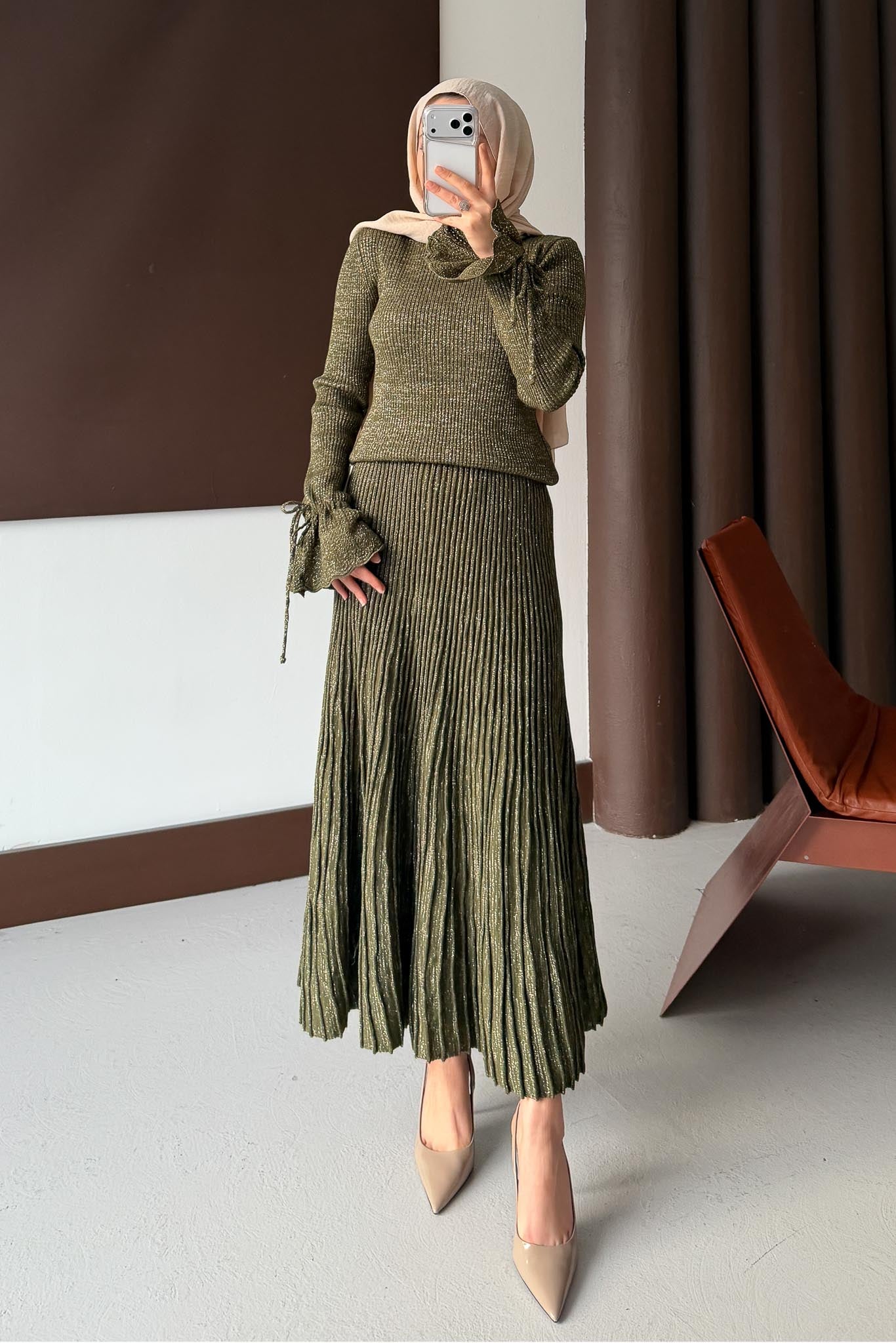 Parıltı Simli Etek Takım Haki