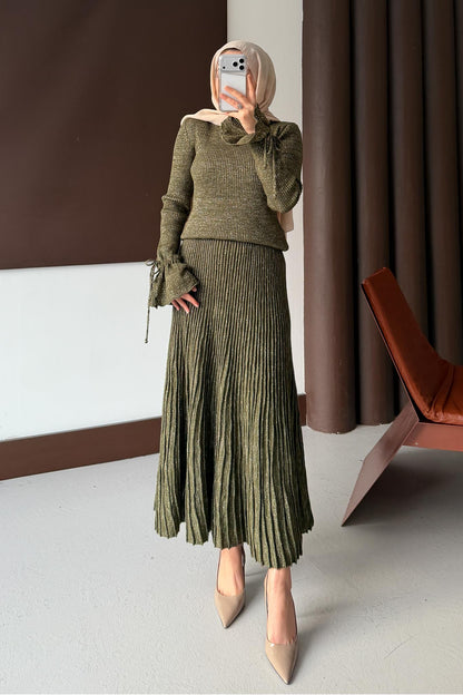 Parıltı Simli Etek Takım Haki