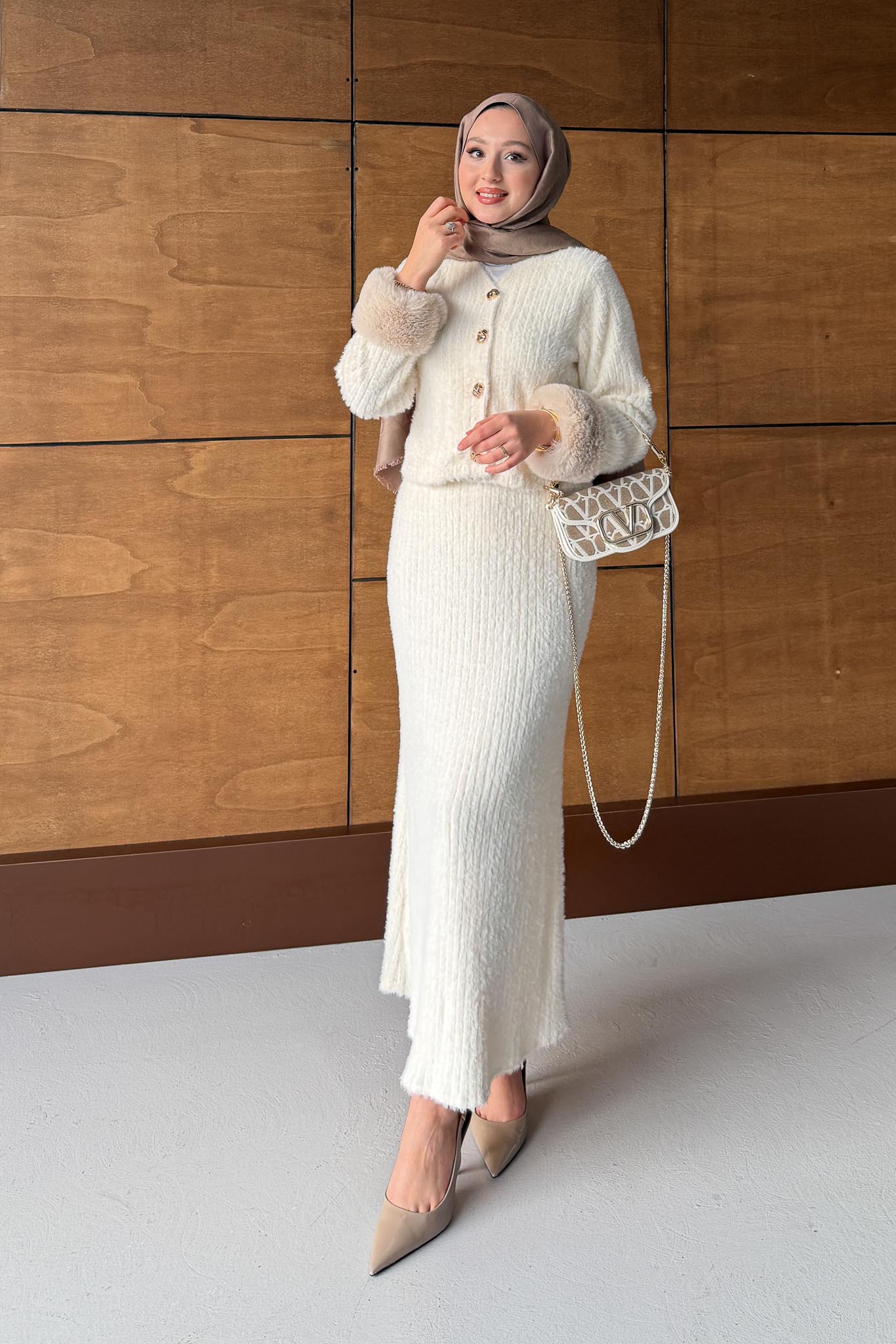 Kürklü Triko Takım Ekru