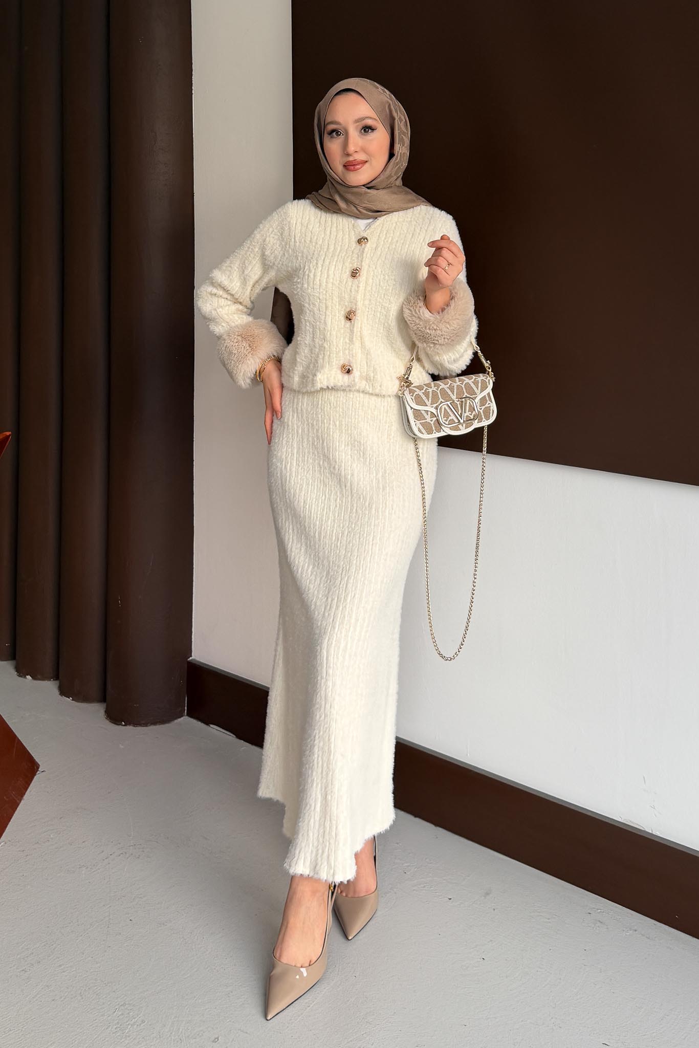 Kürklü Triko Takım Ekru