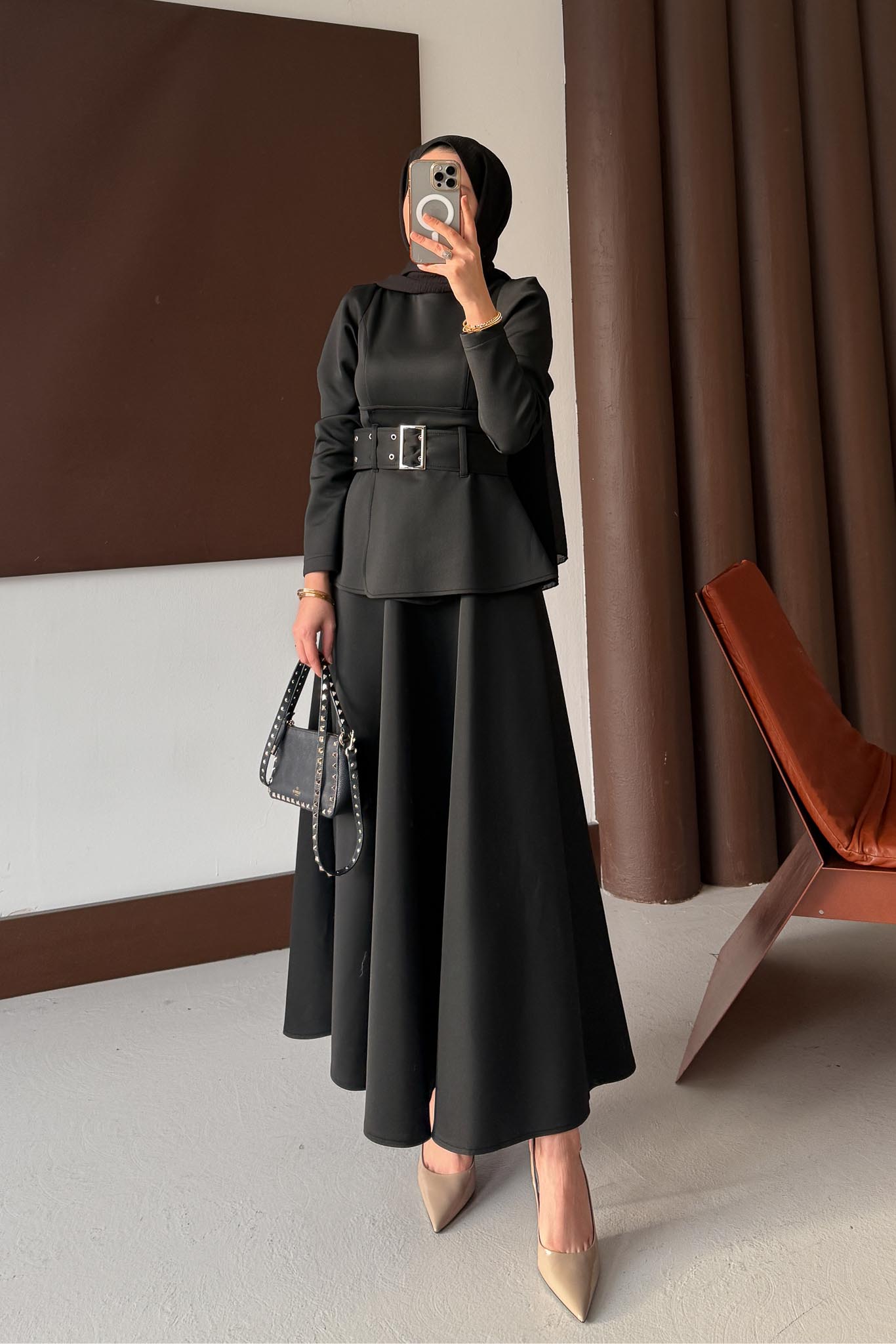 Kemerli Düğmeli Elbise Siyah