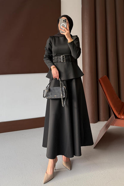 Kemerli Düğmeli Elbise Siyah