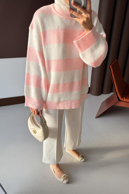 Oversize Çizgi Triko Tunik Pembe