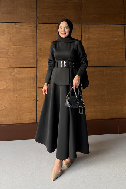 Kemerli Düğmeli Elbise Siyah