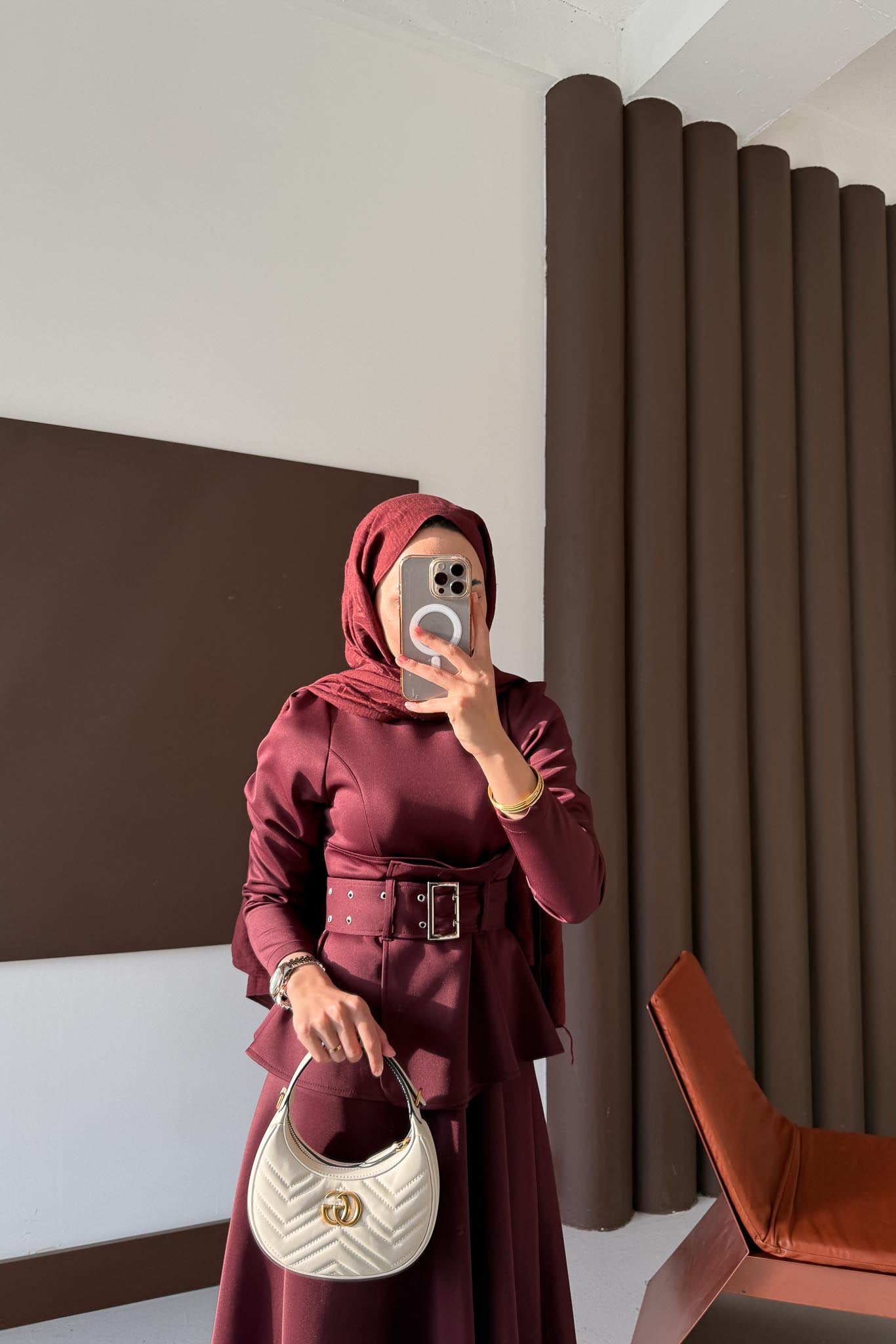 Kemerli Düğmeli Elbise Bordo