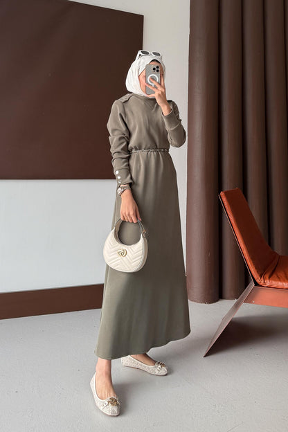 Berna Düğmeli Elbise Haki