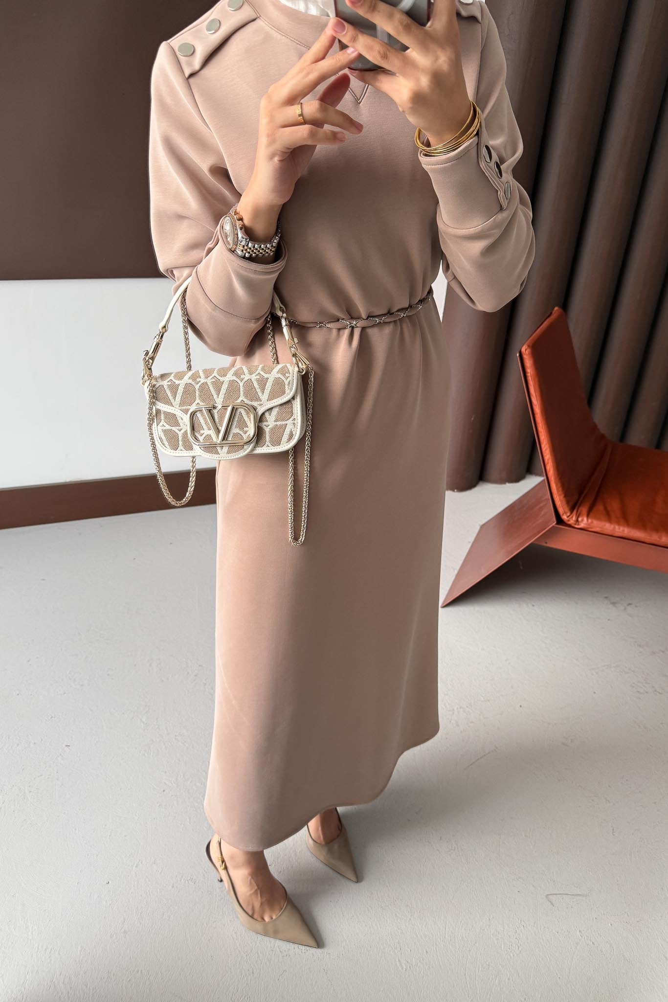 Berna Düğmeli Elbise Vizon