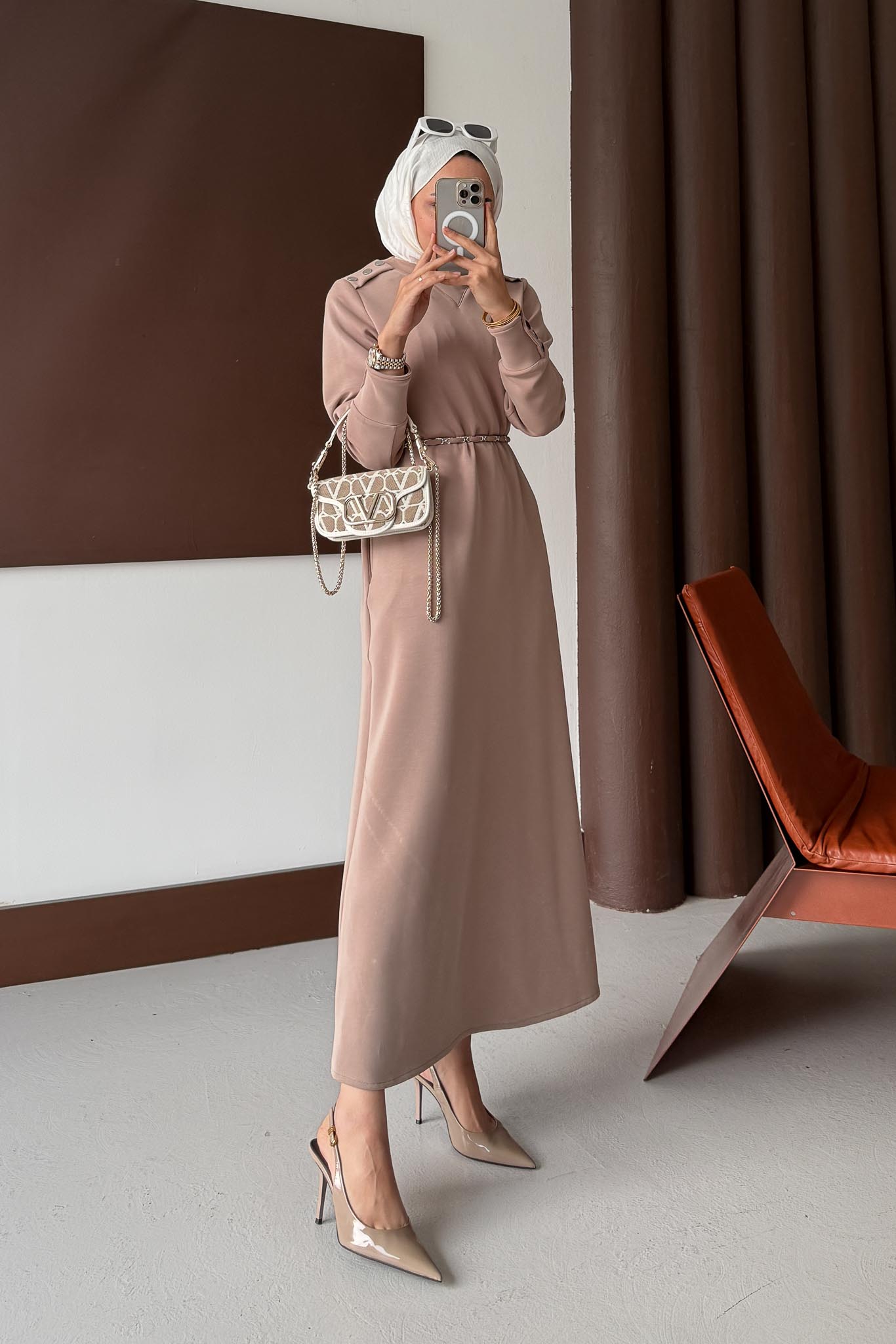 Berna Düğmeli Elbise Vizon