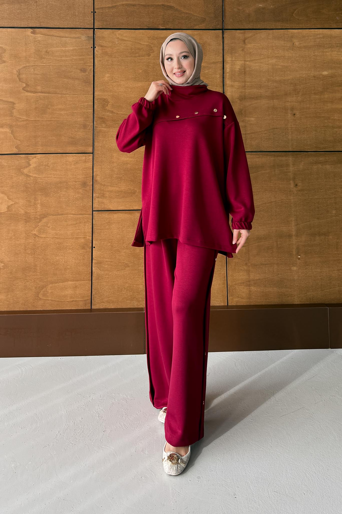 Nyla Düğmeli Takım Bordo