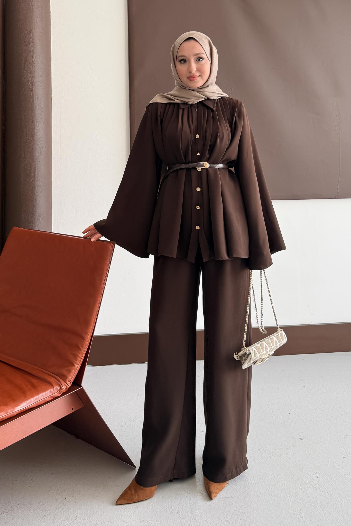 Jimen Pileli Takım Kahverengi