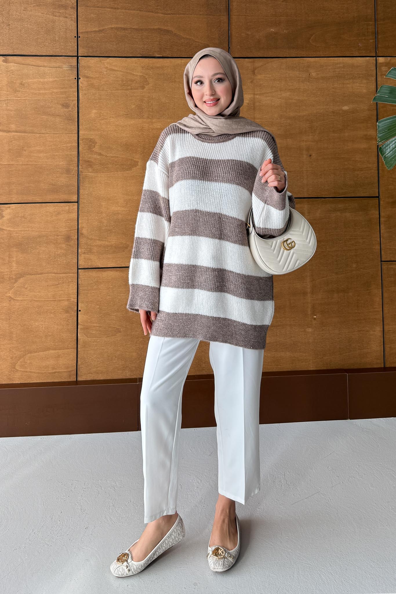 Oversize Çizgi Triko Tunik Vizon