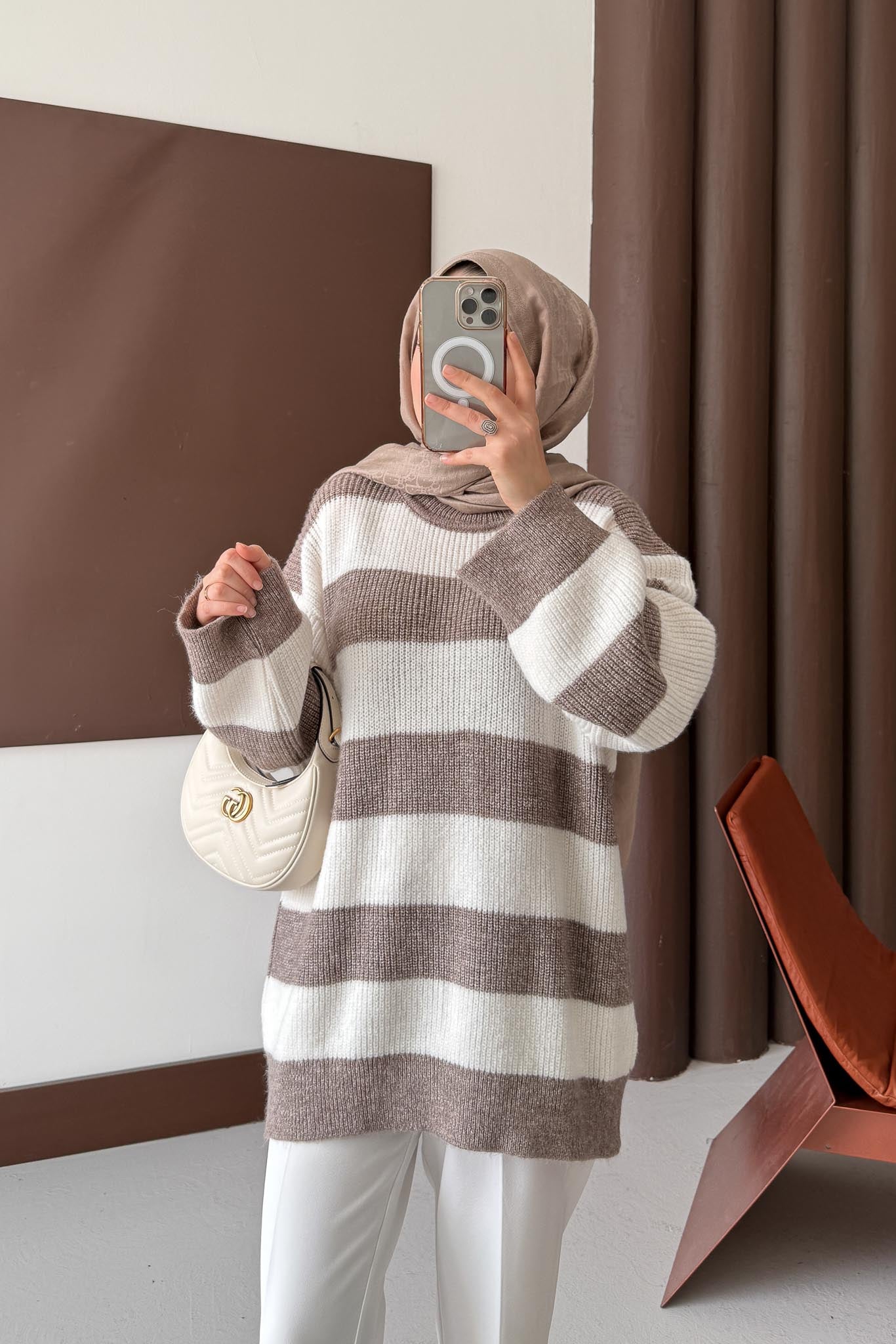 Oversize Çizgi Triko Tunik Vizon