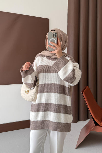 Oversize Çizgi Triko Tunik Vizon