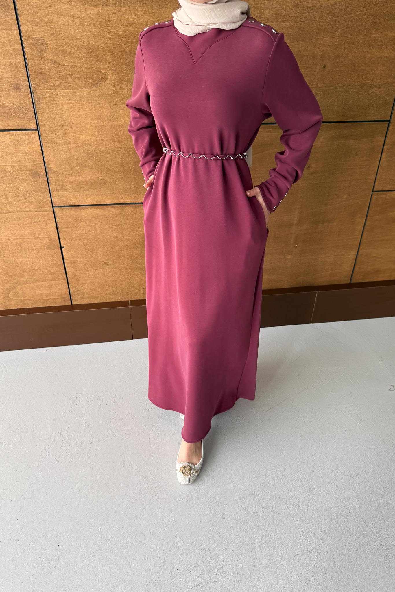 Berna Düğmeli Elbise Bordo