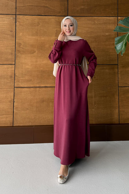 Berna Düğmeli Elbise Bordo