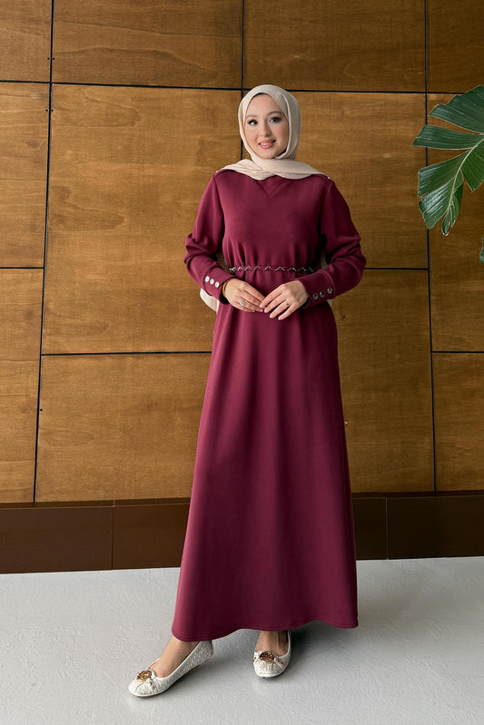 Berna Düğmeli Elbise Bordo