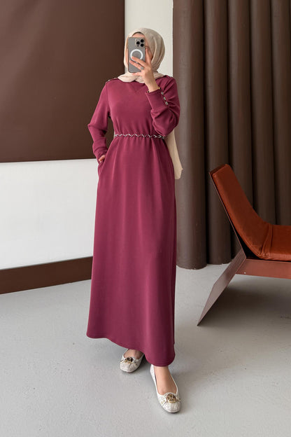 Berna Düğmeli Elbise Bordo