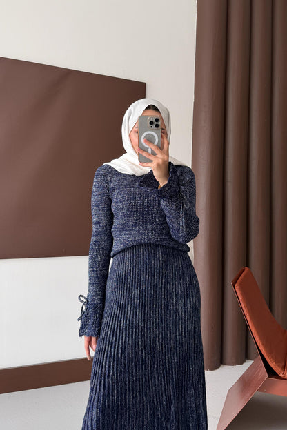 Parıltı Simli Etek Takım Lacivert