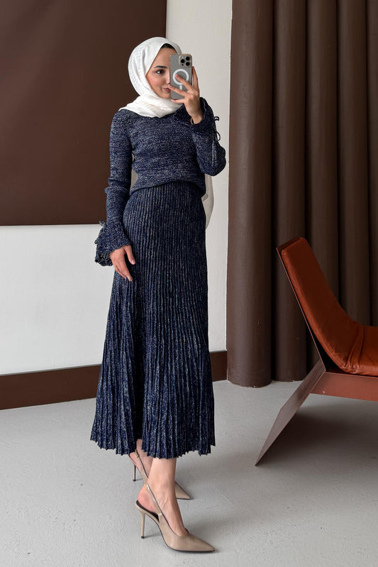 Parıltı Simli Etek Takım Lacivert