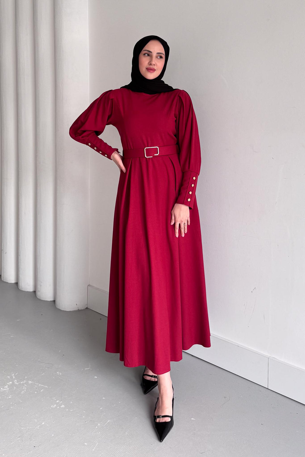 Kemerli Elbise Bordo