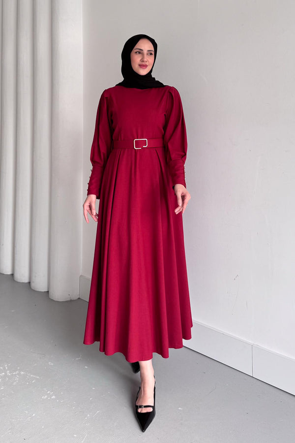 Kemerli Elbise Bordo