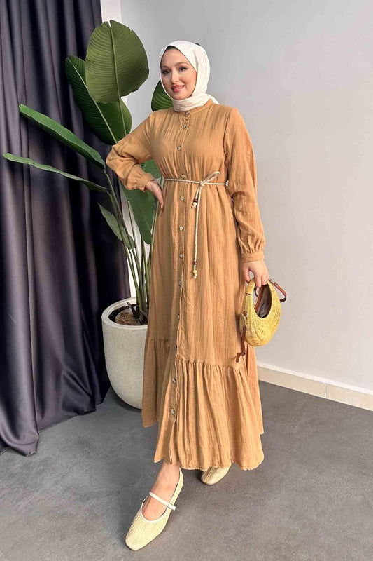 Linen Buttoned Dress Camel