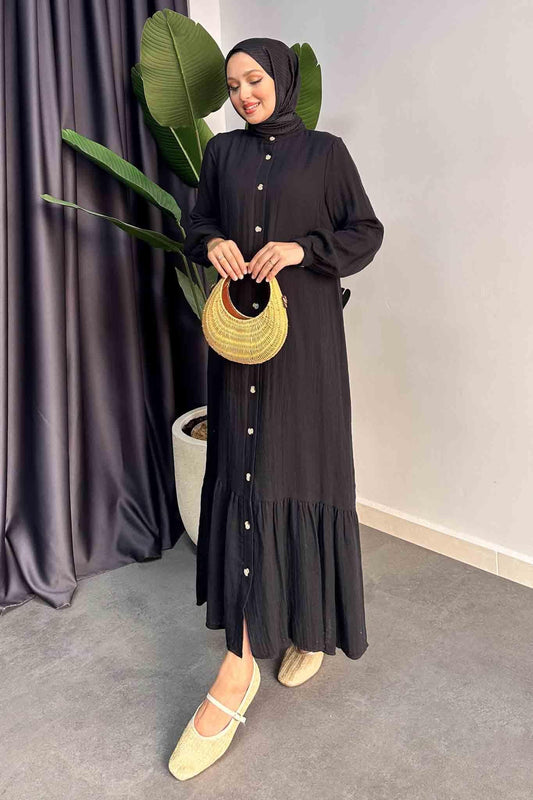 Linen Buttoned Dress Black