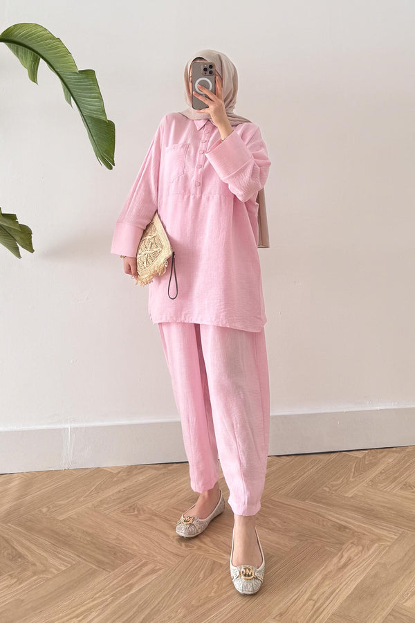 Doğa Keten Şalvar Takım Pembe