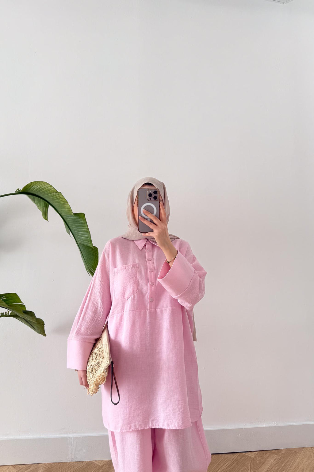 Doğa Keten Şalvar Takım Pembe