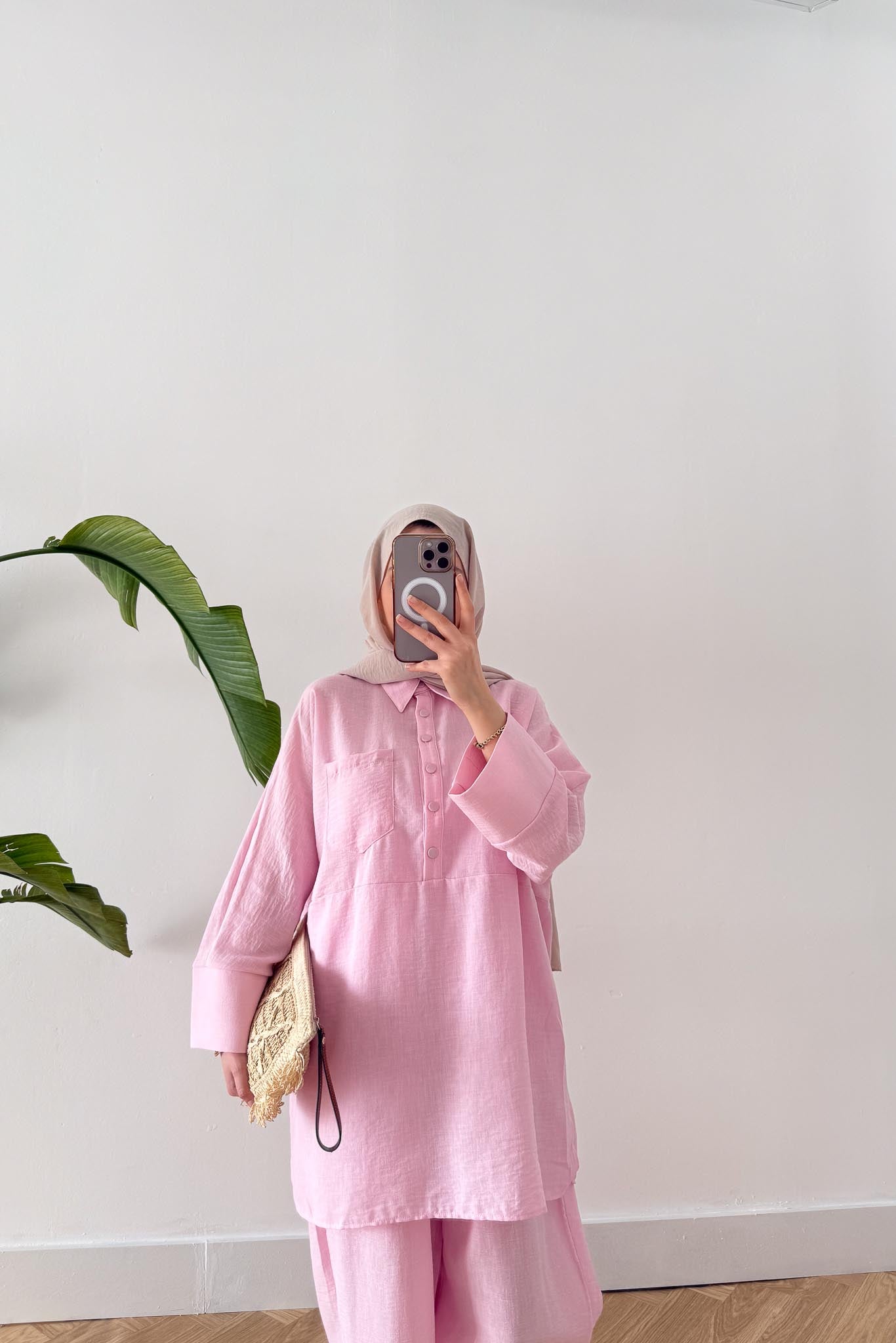 Doğa Keten Şalvar Takım Pembe