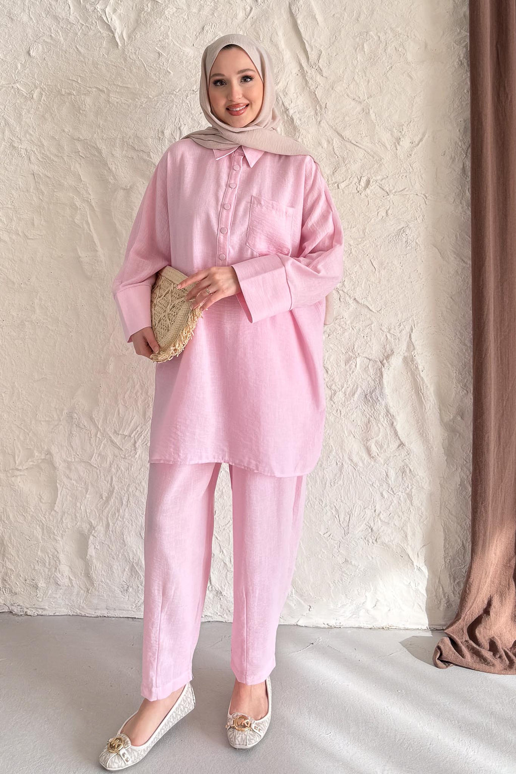 Doğa Keten Şalvar Takım Pembe
